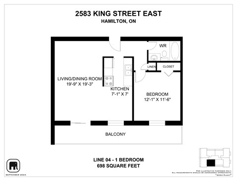 Floor plan for 1 bed, 1 bath, 728 sqft